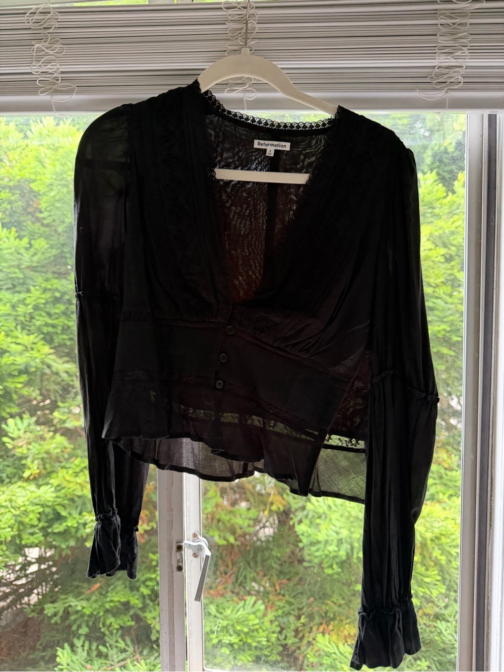 Reformation Black Sheer V-Neck Button Blouse